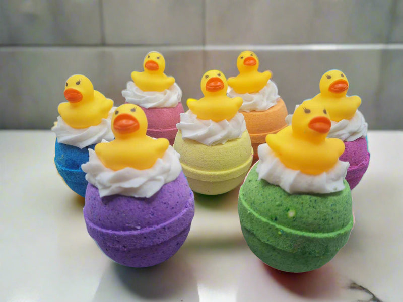 Bath Bomb Duckie Bubble Balls - Bath Bombs topped with fluffy bubble bath cream and a cute little rubber duckie - www.thebathbakery.com.au