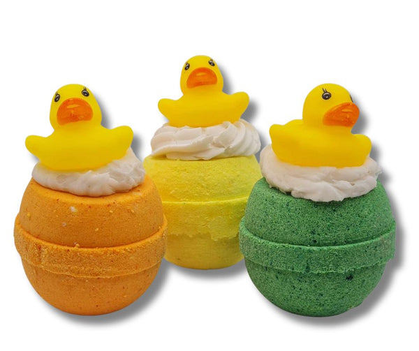 Bath Bomb Mini Balls topped with whipped bubble bath cream & a mini rubber duckie. - Simply pop off the cream and duck and hold under the running tap or swish it around in the bathtub to make fluffy bubbles, Then pop the bomb in the bath and try to find the rubber duckie floating amongst the bubbles