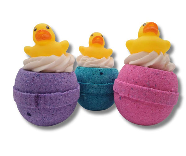 Bath Bomb Mini Balls topped with whipped bubble bath cream & a mini rubber duckie. - Simply pop off the cream and duck and hold under the running tap or swish it around in the bathtub to make fluffy bubbles, Then pop the bomb in the bath and try to find the rubber duckie floating amongst the bubbles